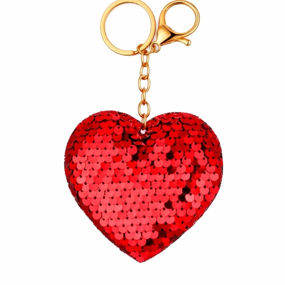 Accessories - Red Sequin Heart Keychain Bag Charm Gold Hardware NWT